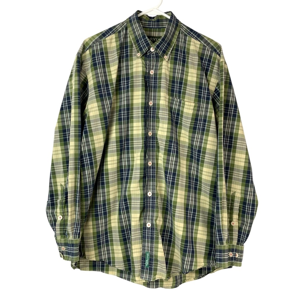 Orvis Heritage Wash Green Plaid Button Down Shirt Large Long Sleeve Pocket